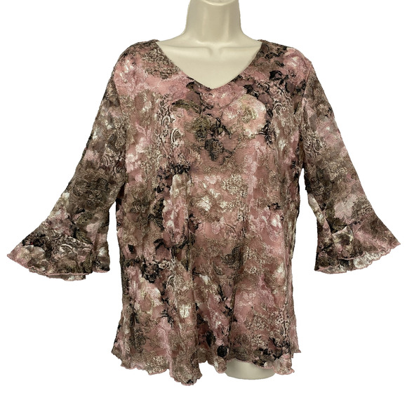 Dressbarn Top 1X Pink Floral Lace Bell Sleeve Sheer Layers Fairy Grunge Vtg Y2K - Picture 1 of 14